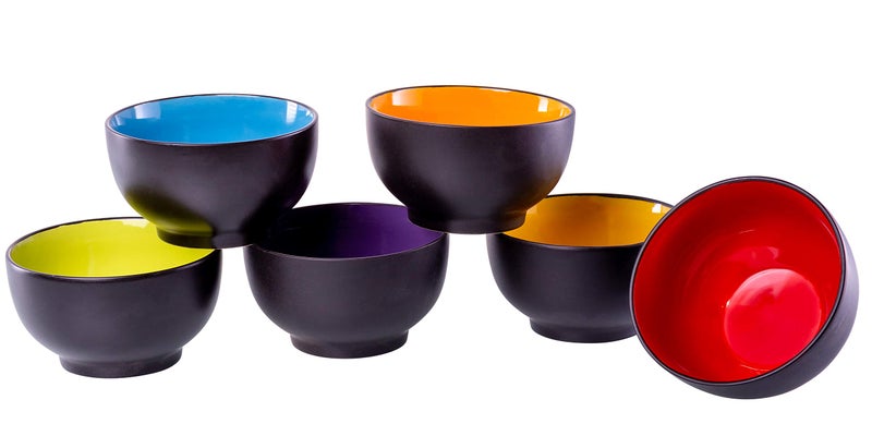 Klikel 6 Pack of Soup Bowls - Dishwasher And Microwave Safe Ceramic Bowl Set - Black With Color Inside - Large 18oz - 5 1/2 Inch Round - Image 1